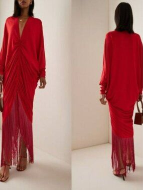 NWT Silvia Tcherassi Draped Long Sleeve Fringed Rosalyn Jersey Dress Rouge Large
